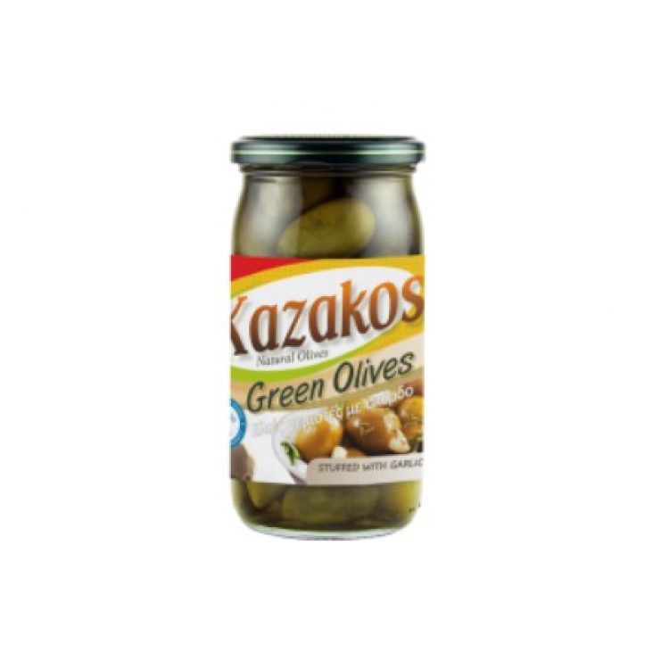KAZAKOS GREEN OLIVES STUFFED WITH GARLIC IN JAR 215g